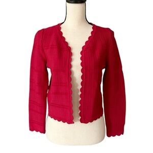 Yigal Azrouël Sz Medium Red Scalloped Cardigan Cropped, Pointelle, Designer Knit